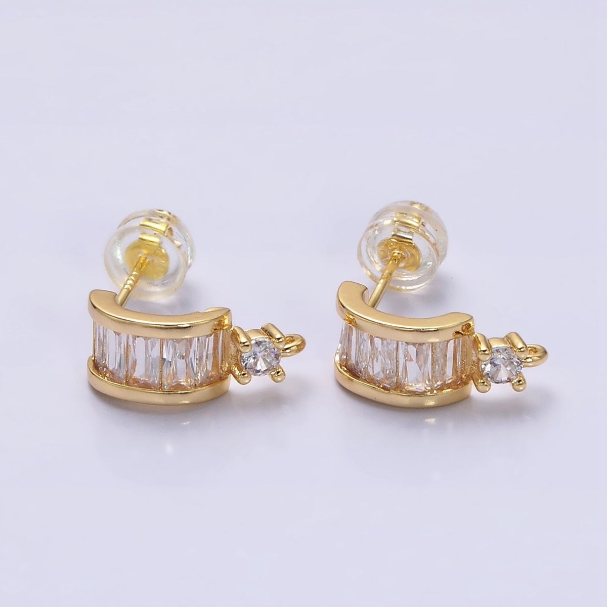 16K Gold Filled Clear Baguette Lined CZ Drop Open Loop C-Shaped Hoop Earrings in Gold & Silver | Z-409 Z-410