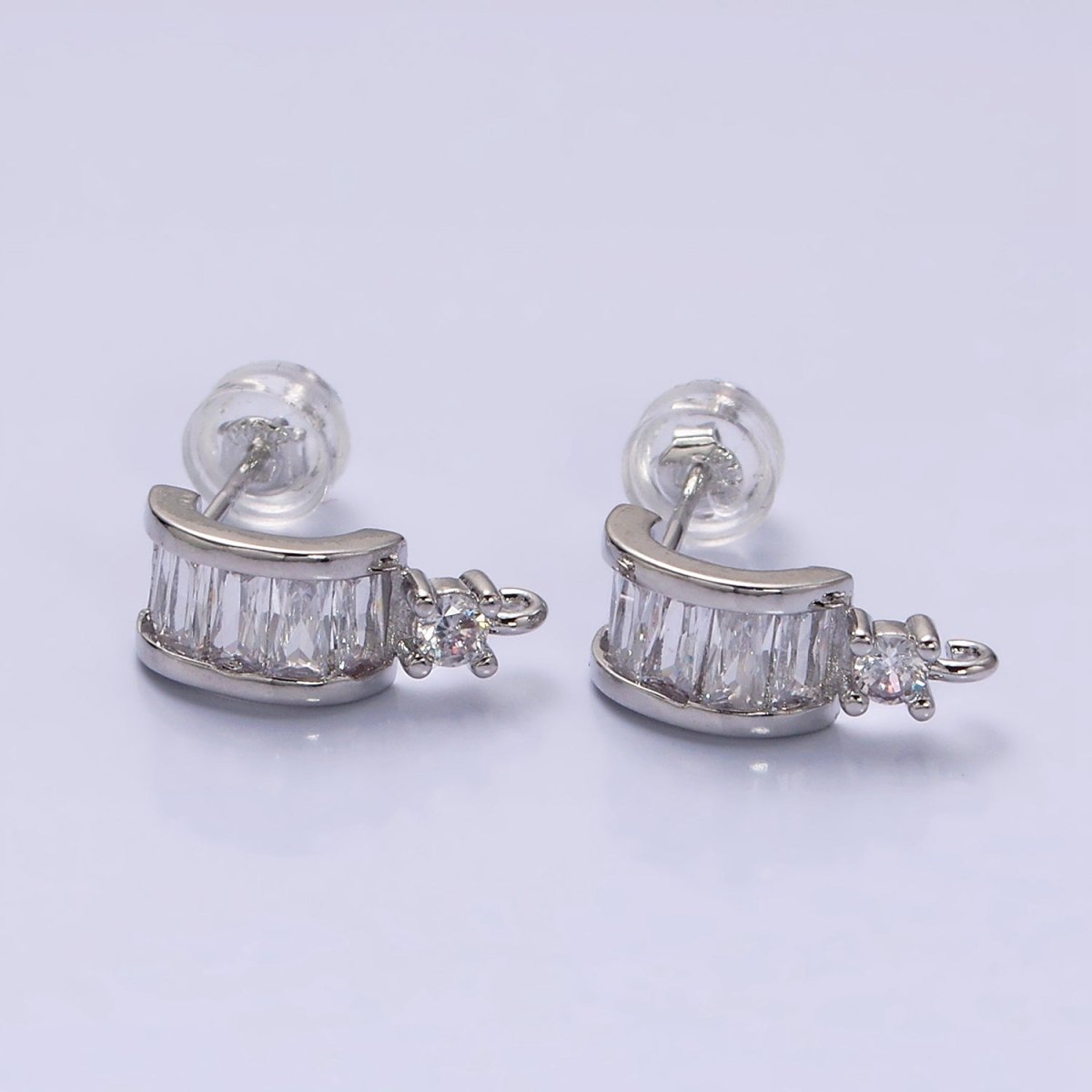 16K Gold Filled Clear Baguette Lined CZ Drop Open Loop C-Shaped Hoop Earrings in Gold & Silver | Z-409 Z-410