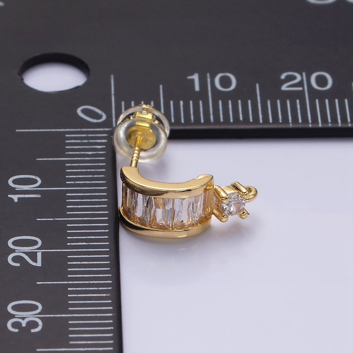 16K Gold Filled Clear Baguette Lined CZ Drop Open Loop C-Shaped Hoop Earrings in Gold & Silver | Z-409 Z-410