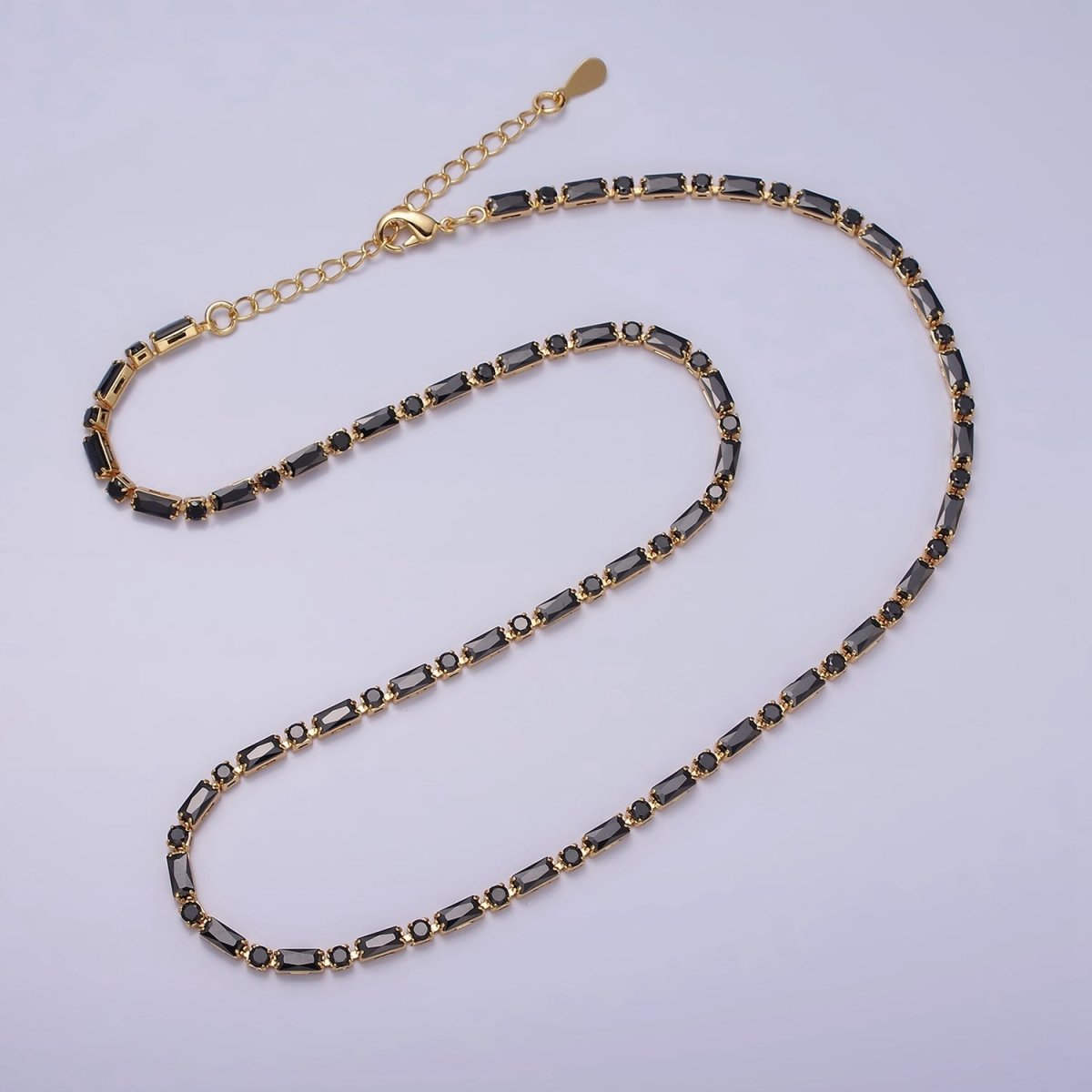 16K Gold Filled Clear, Black, Checkered 2.5mm Baguette Round CZ 17 Inch Tennis Chain Necklace | WA-1778 - WA-1840 Clearance Pricing