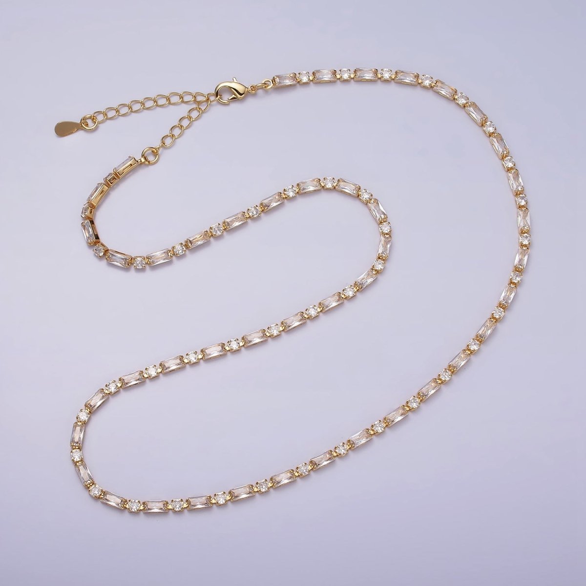 16K Gold Filled Clear, Black, Checkered 2.5mm Baguette Round CZ 17 Inch Tennis Chain Necklace | WA-1778 - WA-1840 Clearance Pricing