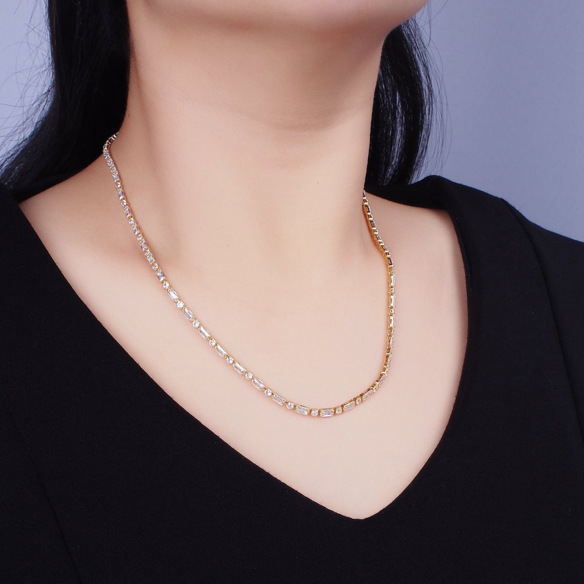 16K Gold Filled Clear, Black, Checkered 2.5mm Baguette Round CZ 17 Inch Tennis Chain Necklace | WA-1778 - WA-1840 Clearance Pricing