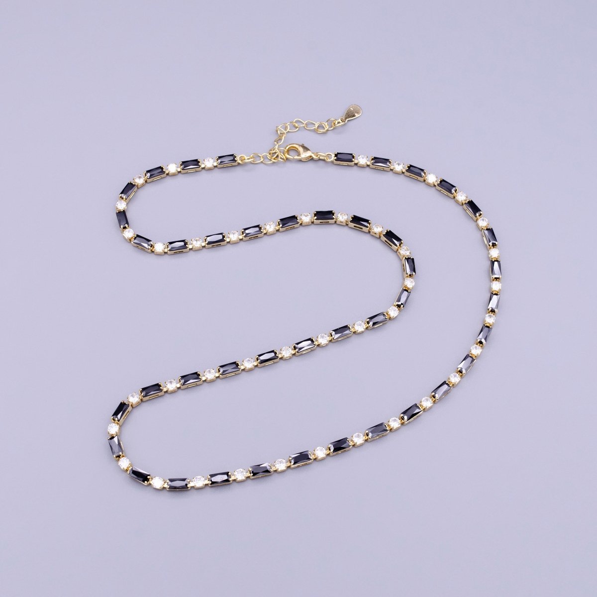 16K Gold Filled Clear, Black, Checkered 2.5mm Baguette Round CZ 17 Inch Tennis Chain Necklace | WA-1778 - WA-1840 Clearance Pricing