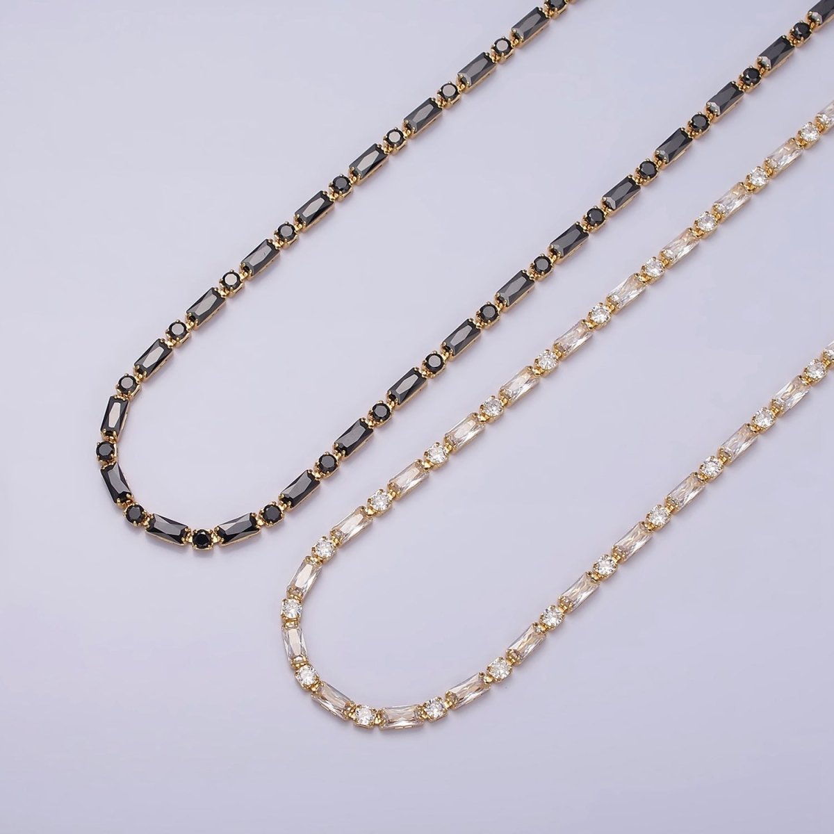 16K Gold Filled Clear, Black, Checkered 2.5mm Baguette Round CZ 17 Inch Tennis Chain Necklace | WA-1778 - WA-1840 Clearance Pricing
