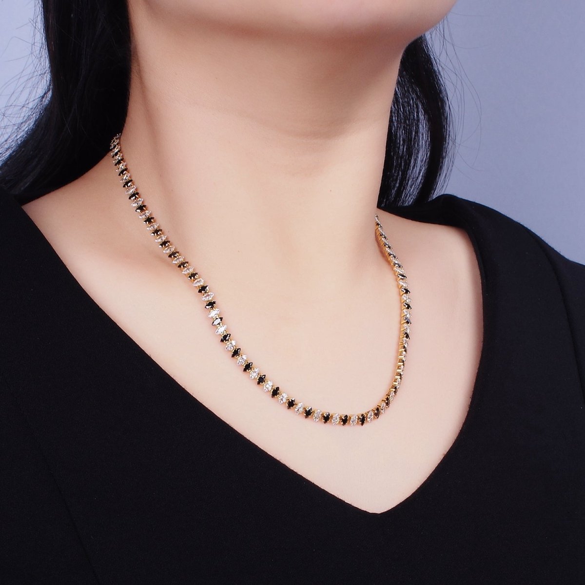16K Gold Filled Clear, Black, Checkered 5mm Marquise CZ 17 Inch Tennis Chain Necklace | WA-1767 - WA-1769 Clearance Pricing