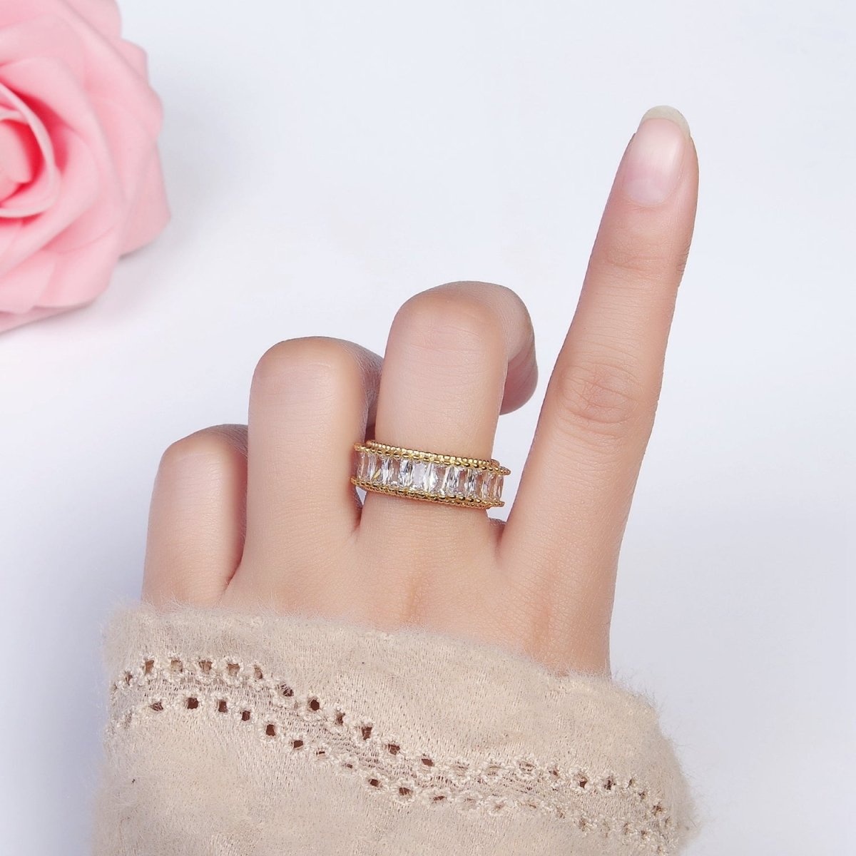 16K Gold Filled Clear CZ Baguette Lined Band Ring | O-008