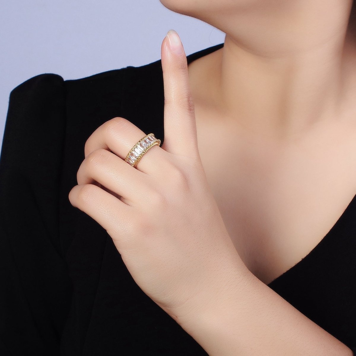 16K Gold Filled Clear CZ Baguette Lined Band Ring | O-008