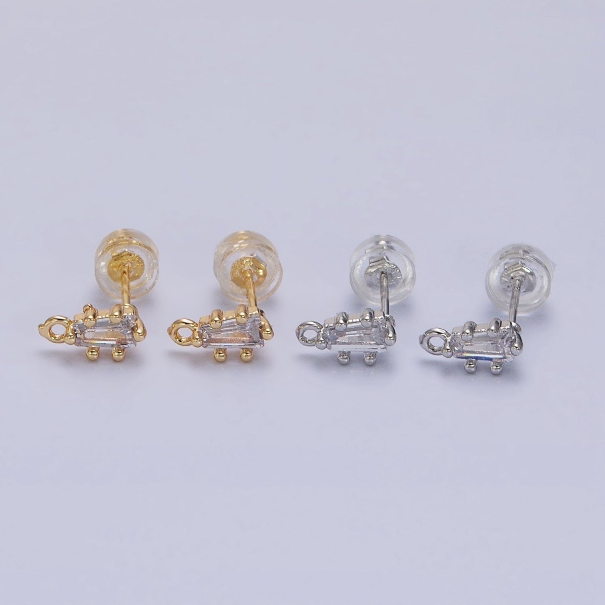16K Gold Filled Clear CZ Baguette Triangle Open Loop Stud Earrings Supply in Gold & Silver | Z-373 Z-374