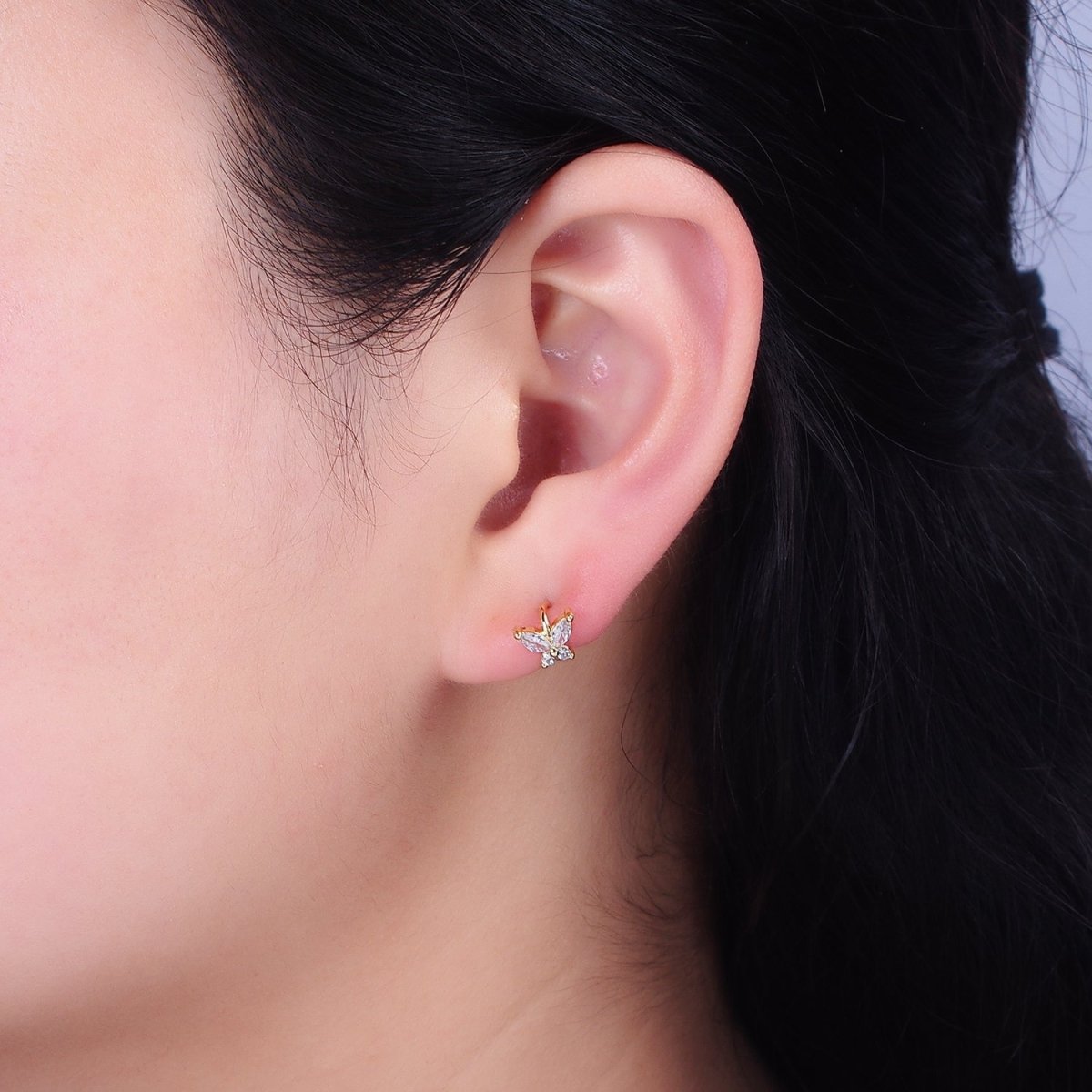 16K Gold Filled Clear CZ Butterfly Mariposa 7mm Cartilage Mini Huggie Earrings | AD1245 AD1246