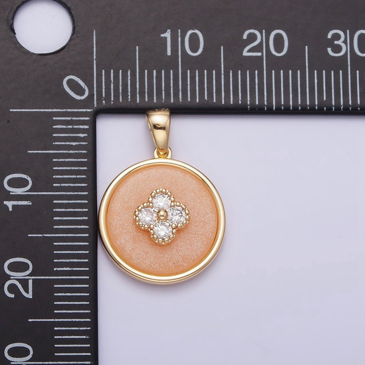 16K Gold Filled Clear CZ Clover Quatrefoil Peach Orange Cat's Eye Pendant | AA536