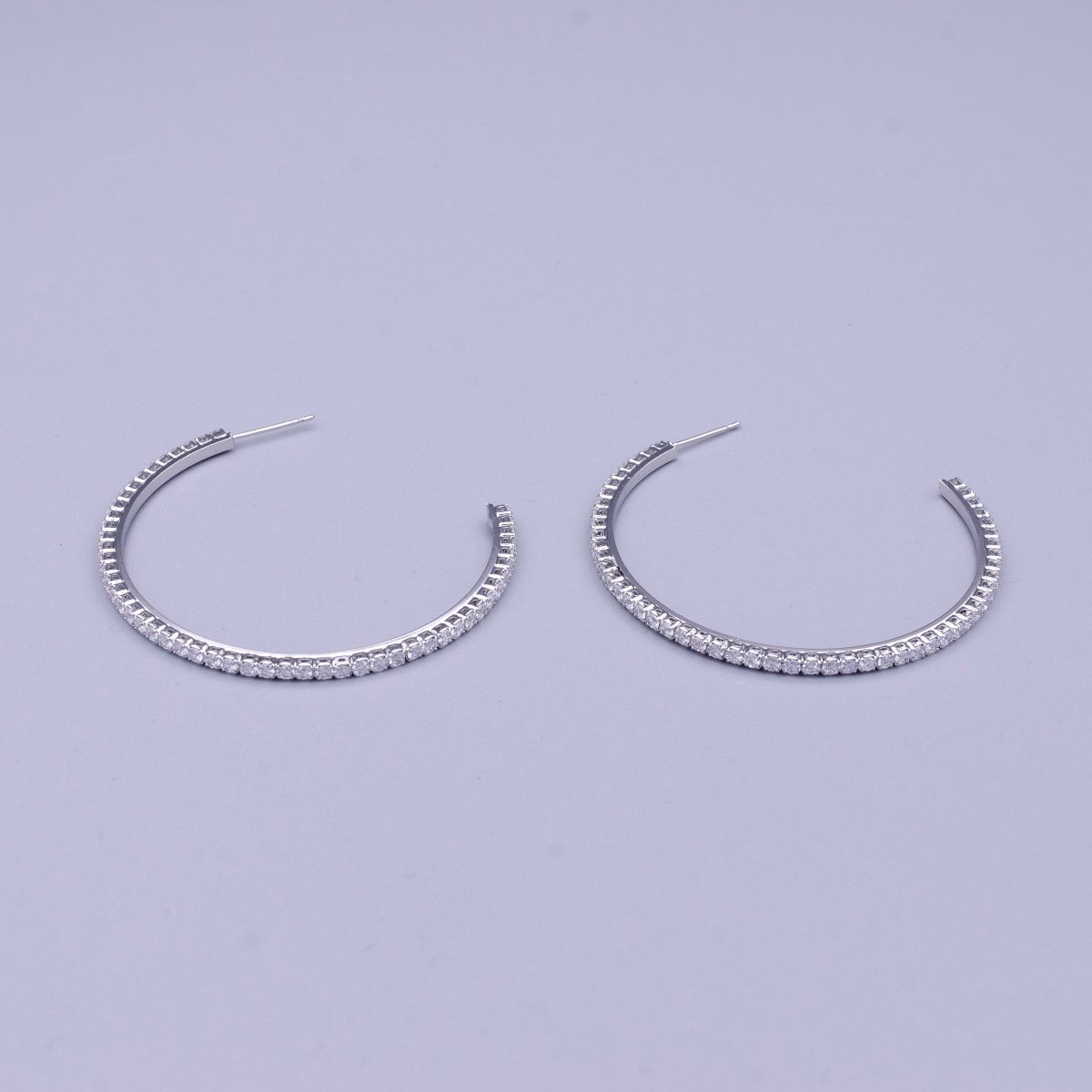 16K Gold Filled 50mm Clear CZ Micro Paved C-Shaped Hoop Earrings in Gold & Silver | AE039 AE040