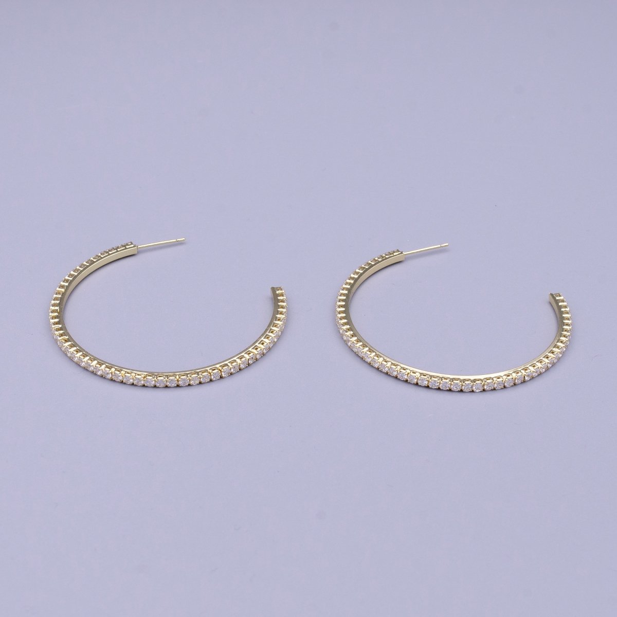 16K Gold Filled 50mm Clear CZ Micro Paved C-Shaped Hoop Earrings in Gold & Silver | AE039 AE040