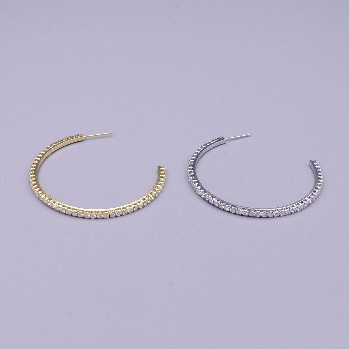 16K Gold Filled 50mm Clear CZ Micro Paved C-Shaped Hoop Earrings in Gold & Silver | AE039 AE040