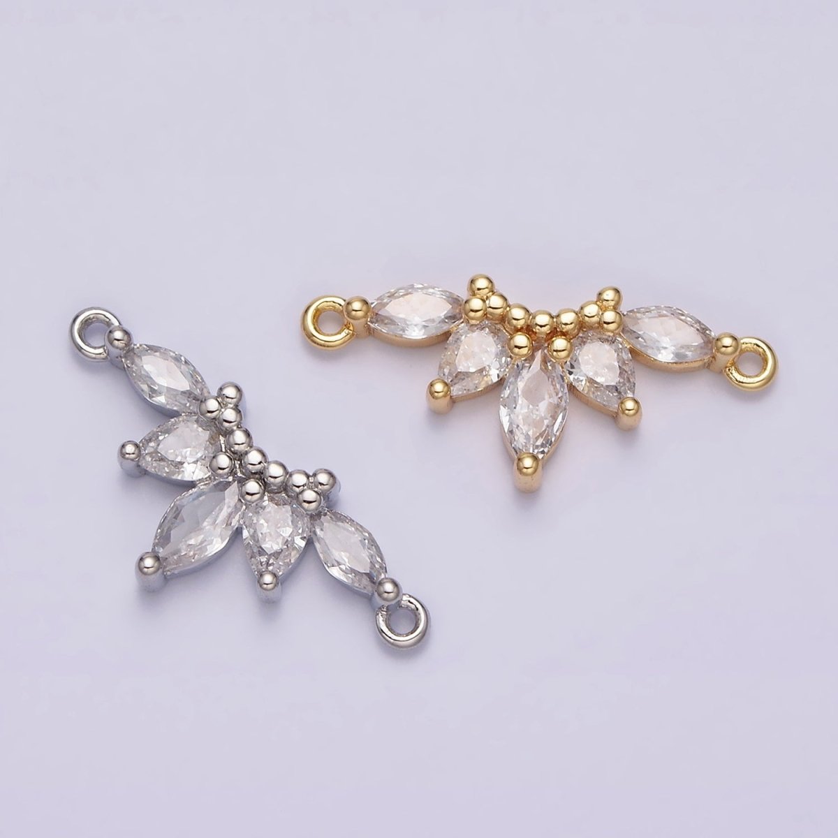16K Gold Filled Clear CZ Marquise Teardrop Curved Lined Connector in Gold & Silver | G-905 G-906