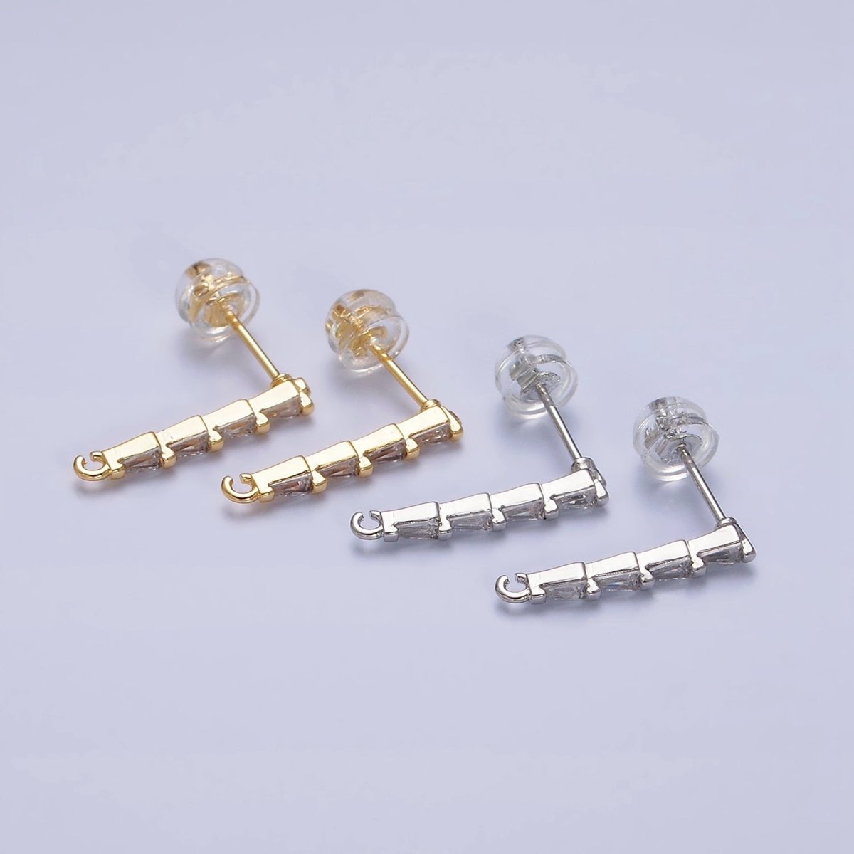 16K Gold Filled Clear CZ Triangle Baguette Linear Drop Open Loop Stud Earrings Supply in Gold & Silver | Z-421 Z-422