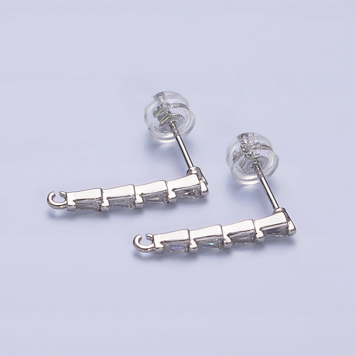 16K Gold Filled Clear CZ Triangle Baguette Linear Drop Open Loop Stud Earrings Supply in Gold & Silver | Z-421 Z-422