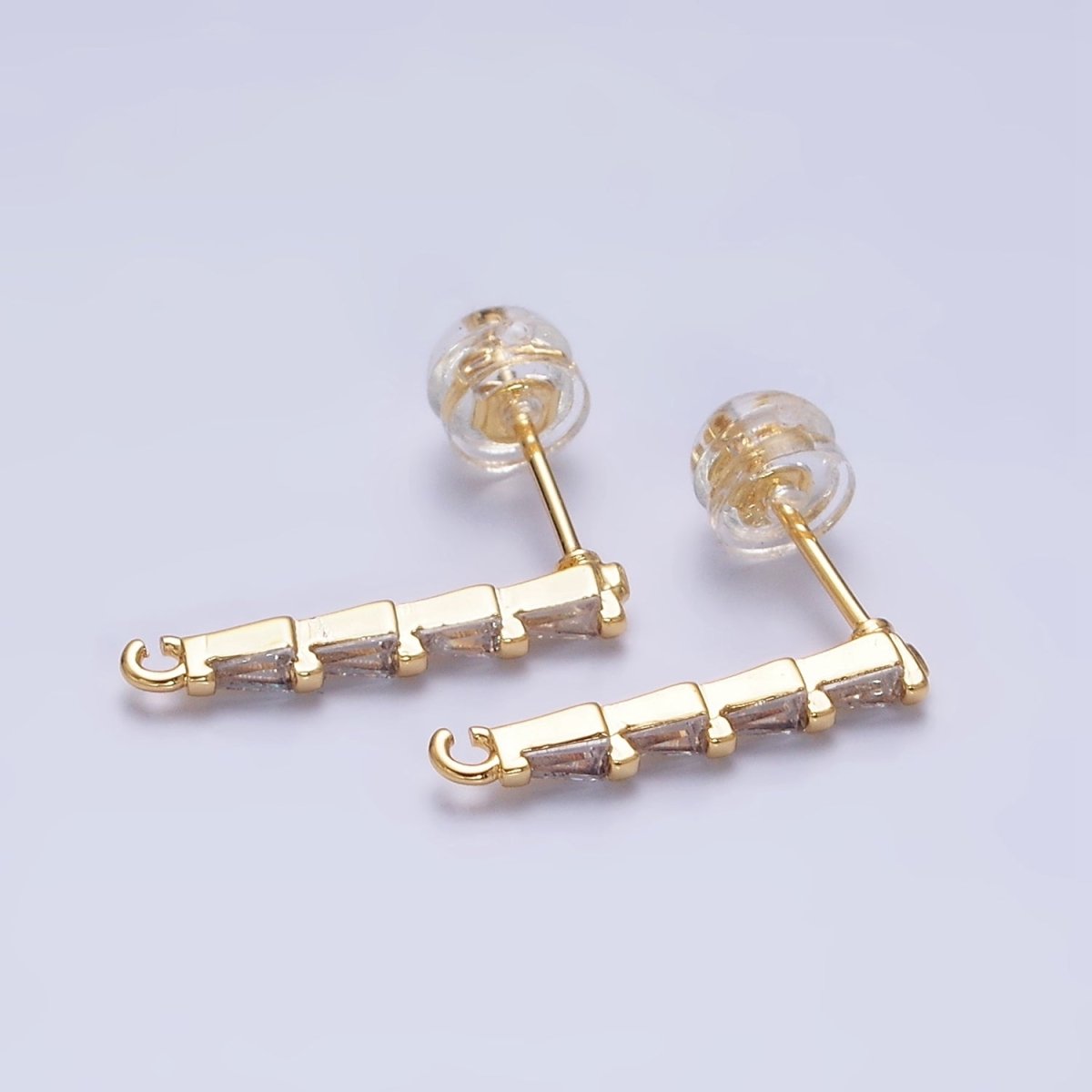 16K Gold Filled Clear CZ Triangle Baguette Linear Drop Open Loop Stud Earrings Supply in Gold & Silver | Z-421 Z-422