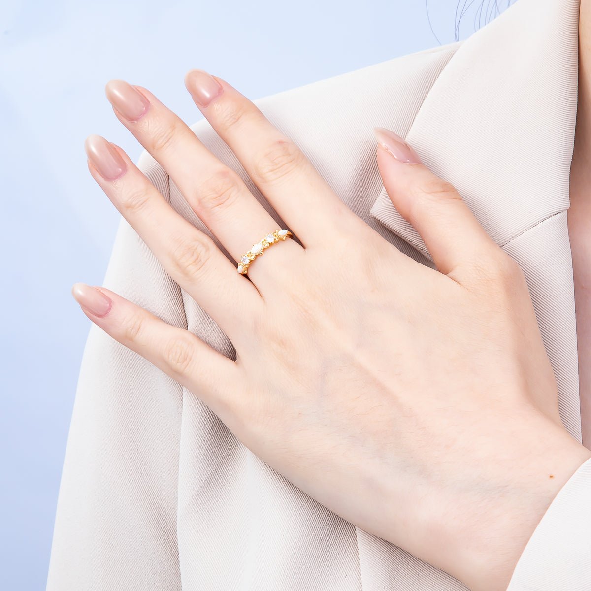 16K Gold Filled Clear CZ White Opal Gemstone Adjustable Ring | Rings-00141