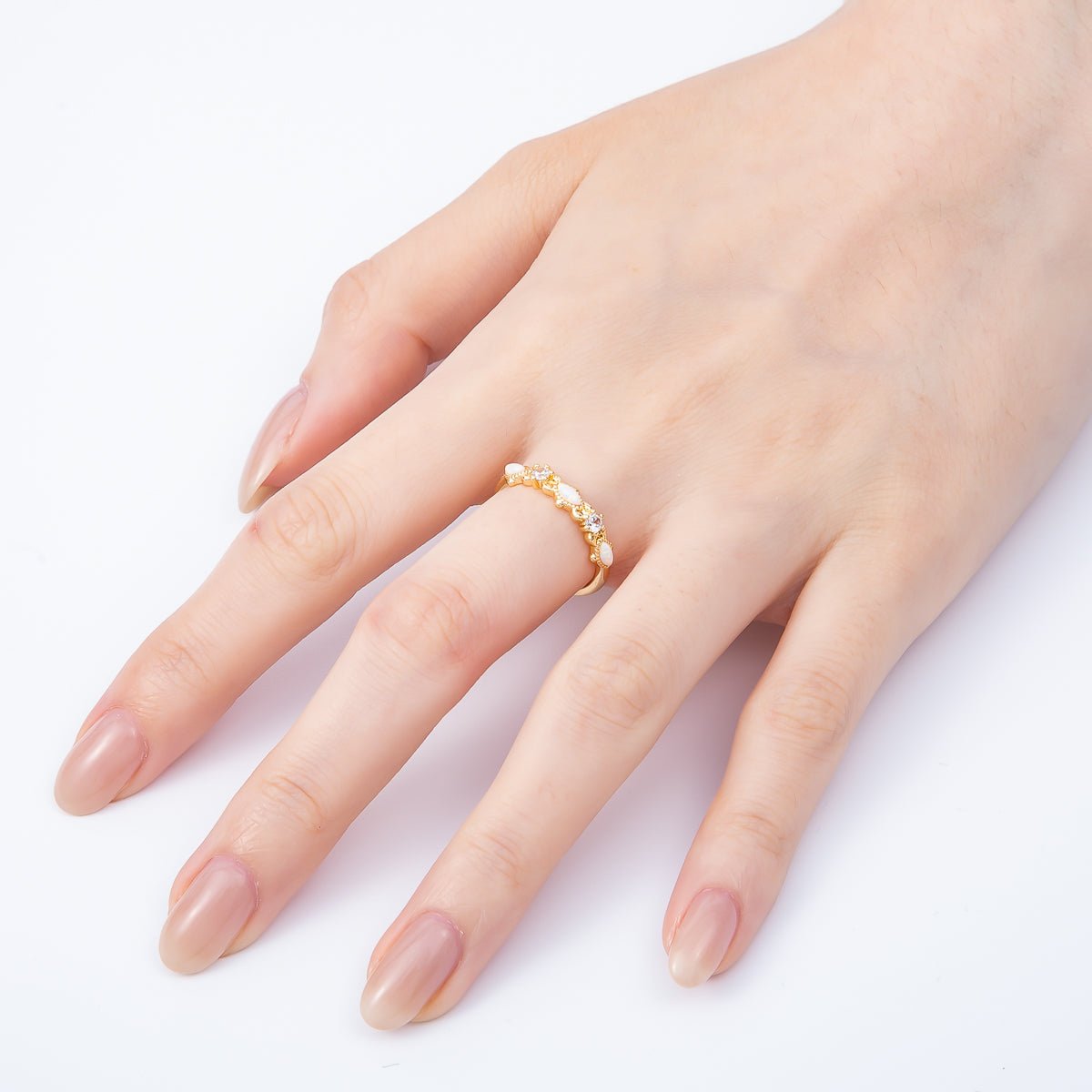 16K Gold Filled Clear CZ White Opal Gemstone Adjustable Ring | Rings-00141