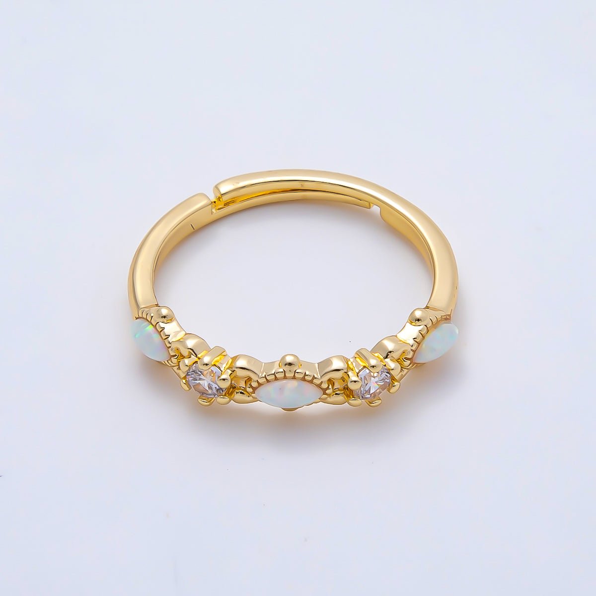 16K Gold Filled Clear CZ White Opal Gemstone Adjustable Ring | Rings-00141