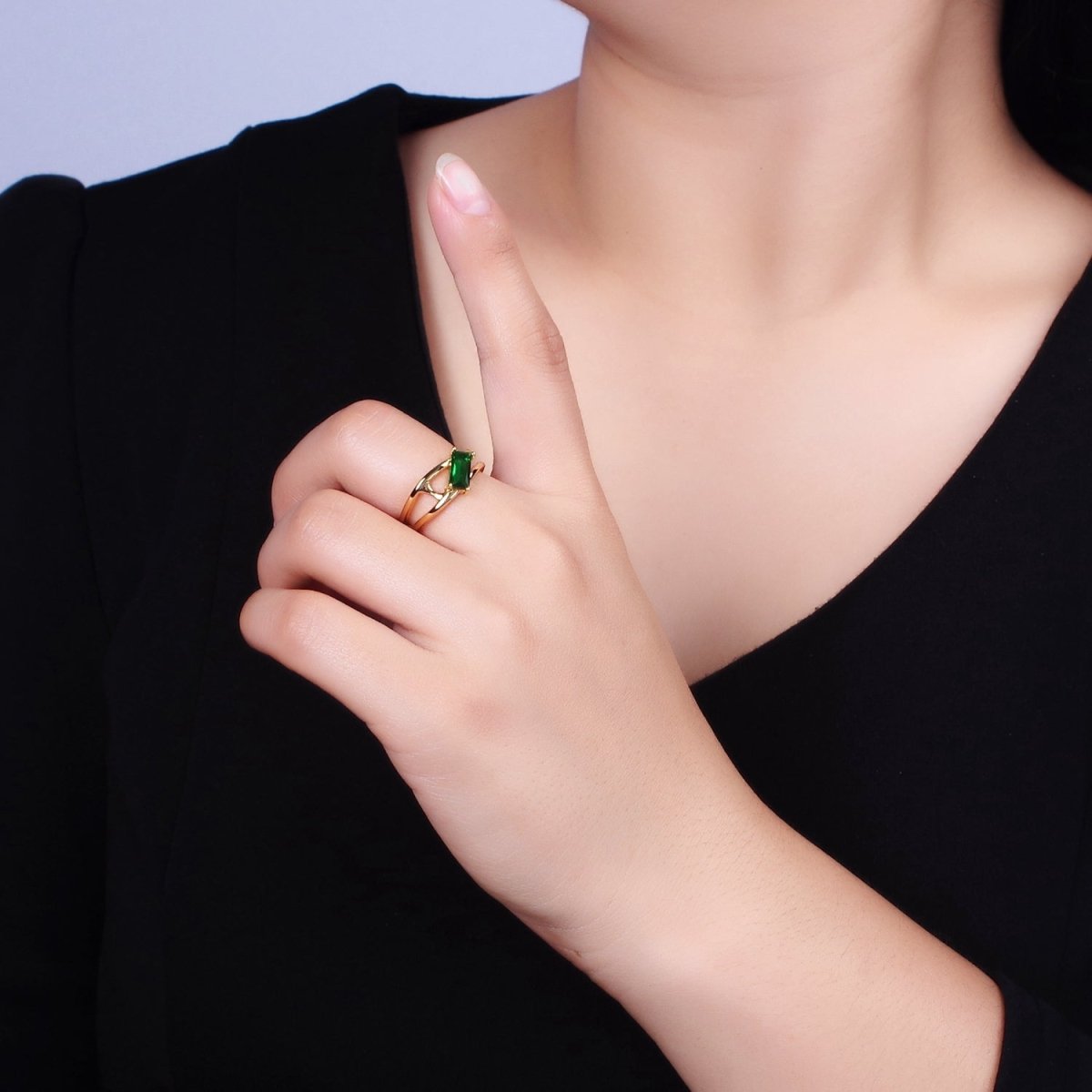 16K Gold Filled Clear, Green Baguette Molten Double Band Ring in Gold & Silver |  O-1622 O-1623 O-1624