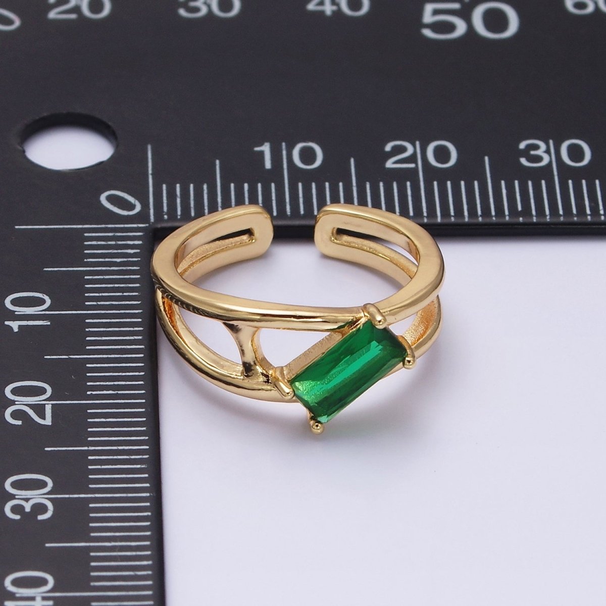 16K Gold Filled Clear, Green Baguette Molten Double Band Ring in Gold & Silver |  O-1622 O-1623 O-1624