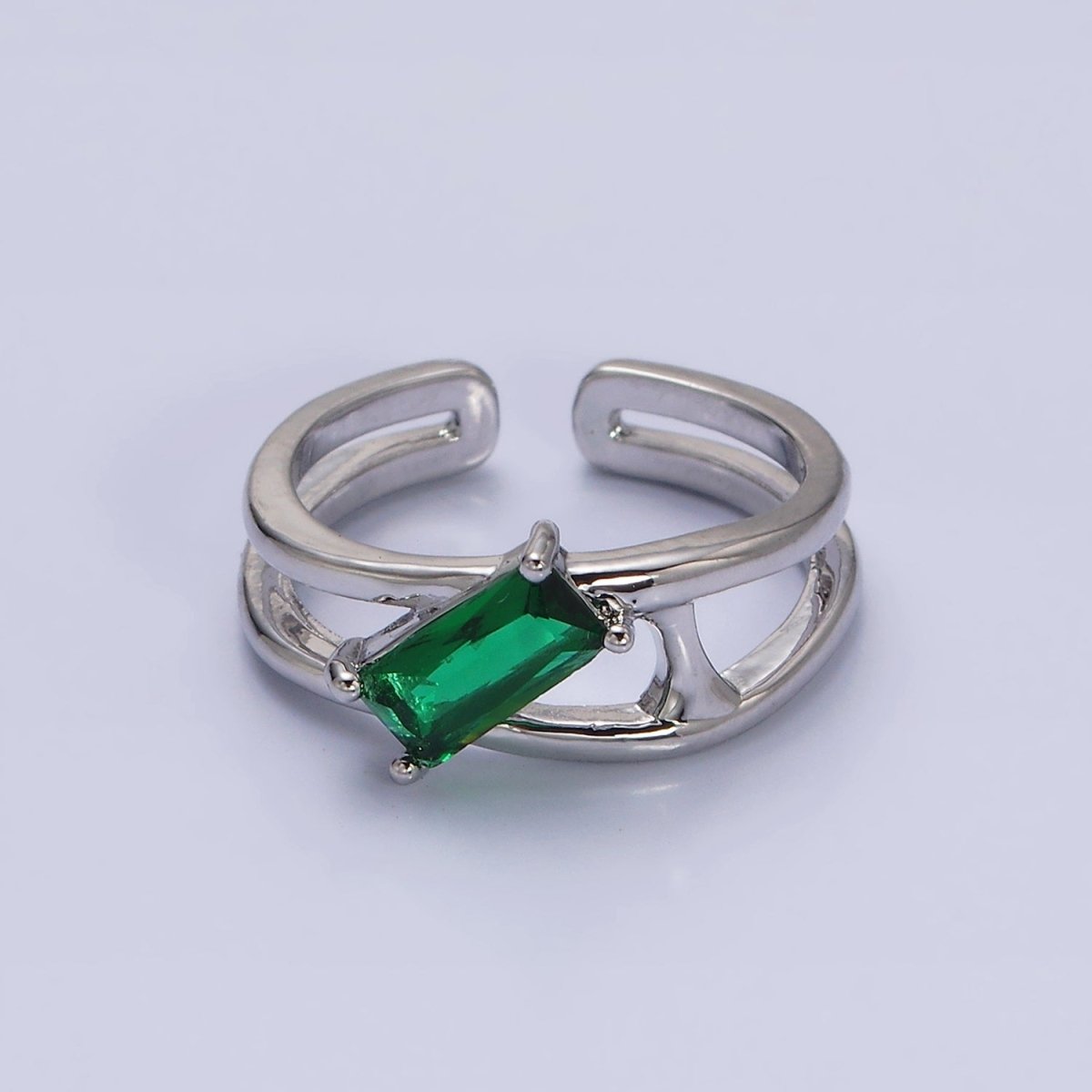 16K Gold Filled Clear, Green Baguette Molten Double Band Ring in Gold & Silver |  O-1622 O-1623 O-1624