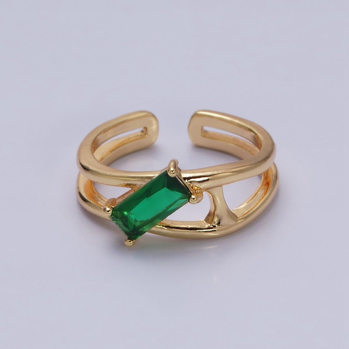 16K Gold Filled Clear, Green Baguette Molten Double Band Ring in Gold & Silver |  O-1622 O-1623 O-1624