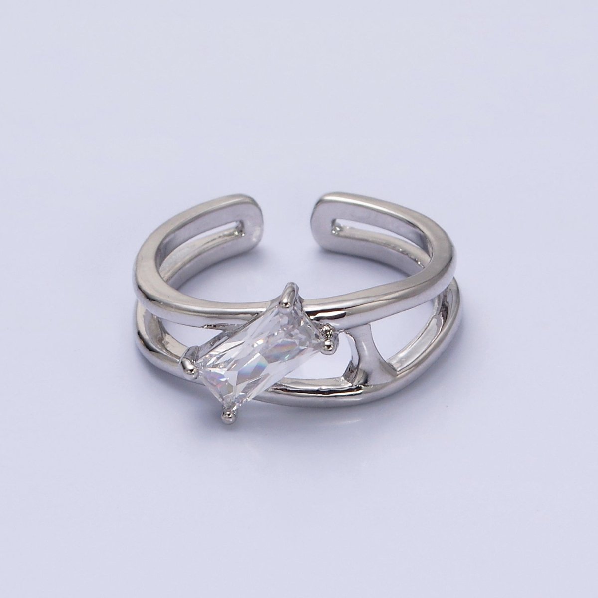 16K Gold Filled Clear, Green Baguette Molten Double Band Ring in Gold & Silver |  O-1622 O-1623 O-1624