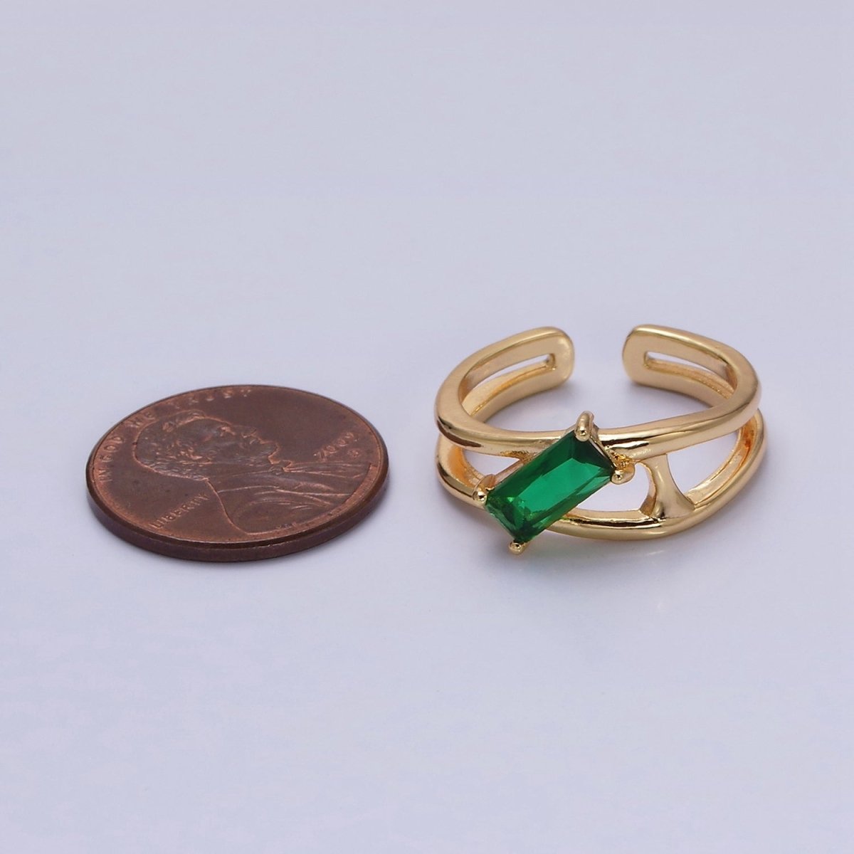 16K Gold Filled Clear, Green Baguette Molten Double Band Ring in Gold & Silver |  O-1622 O-1623 O-1624