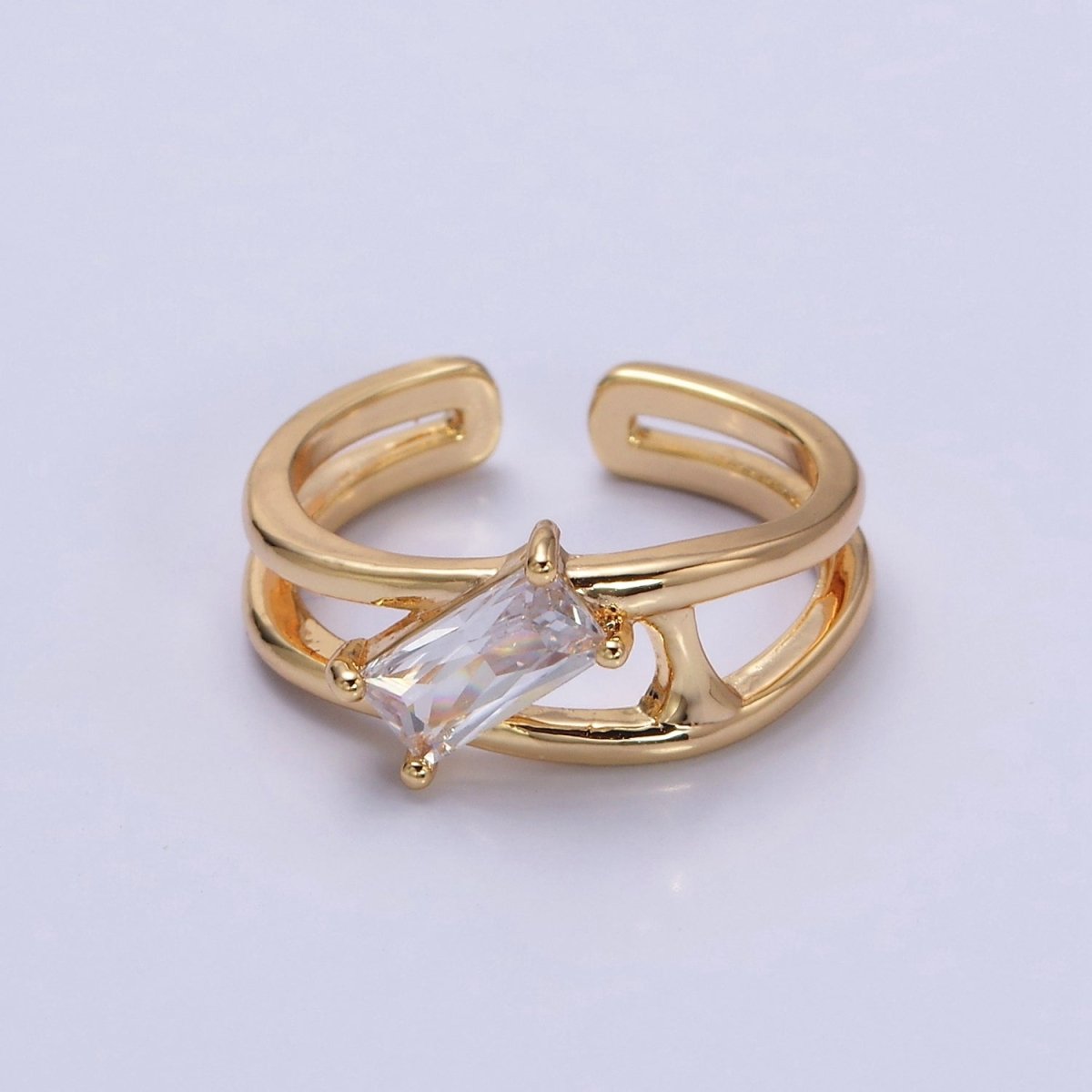 16K Gold Filled Clear, Green Baguette Molten Double Band Ring in Gold & Silver |  O-1622 O-1623 O-1624