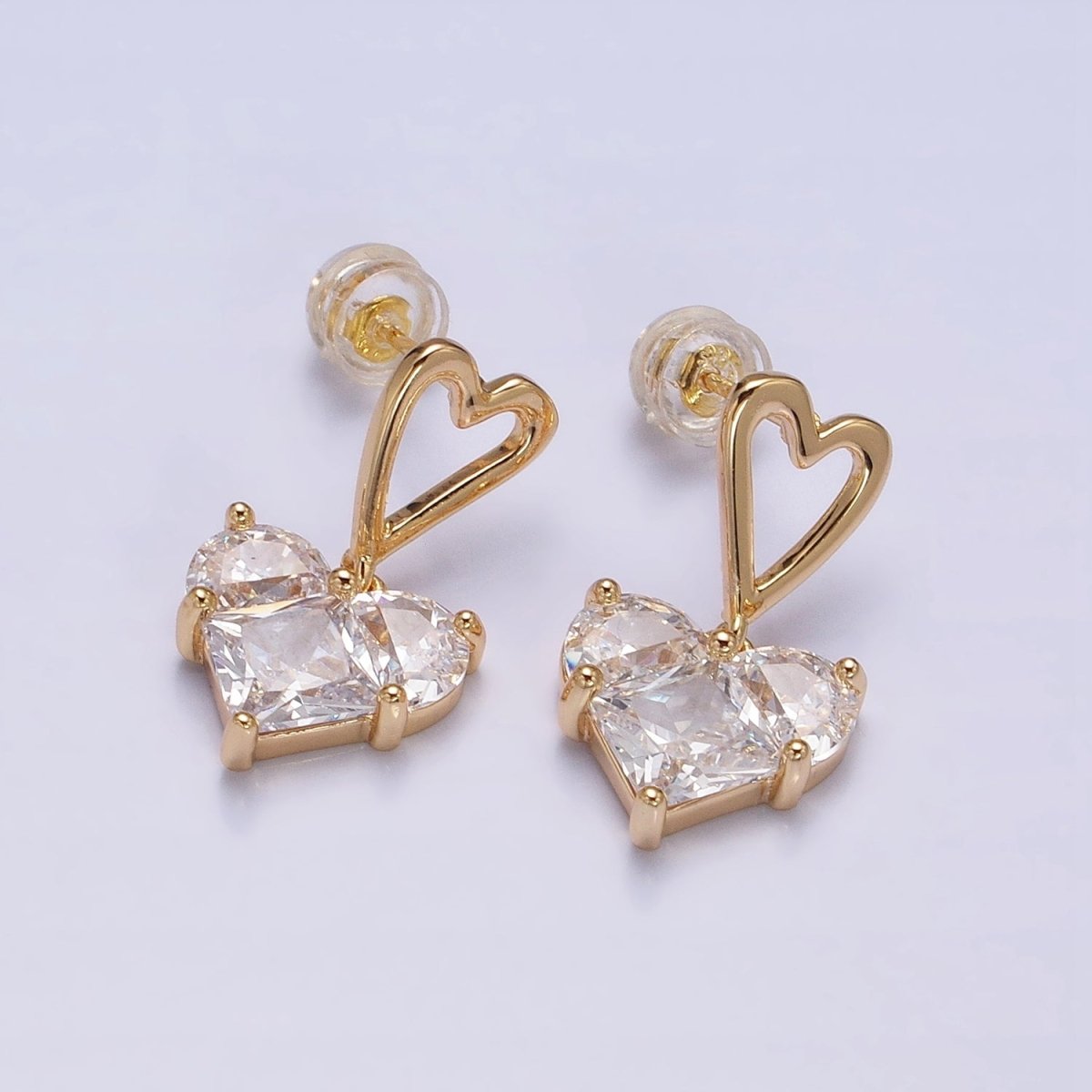 16K Gold Filled Clear, Green, Pink, Blue, Purple, Red CZ Pixel Heart Drop Stud Earrings in Gold & Silver | AD1492 - AD1503