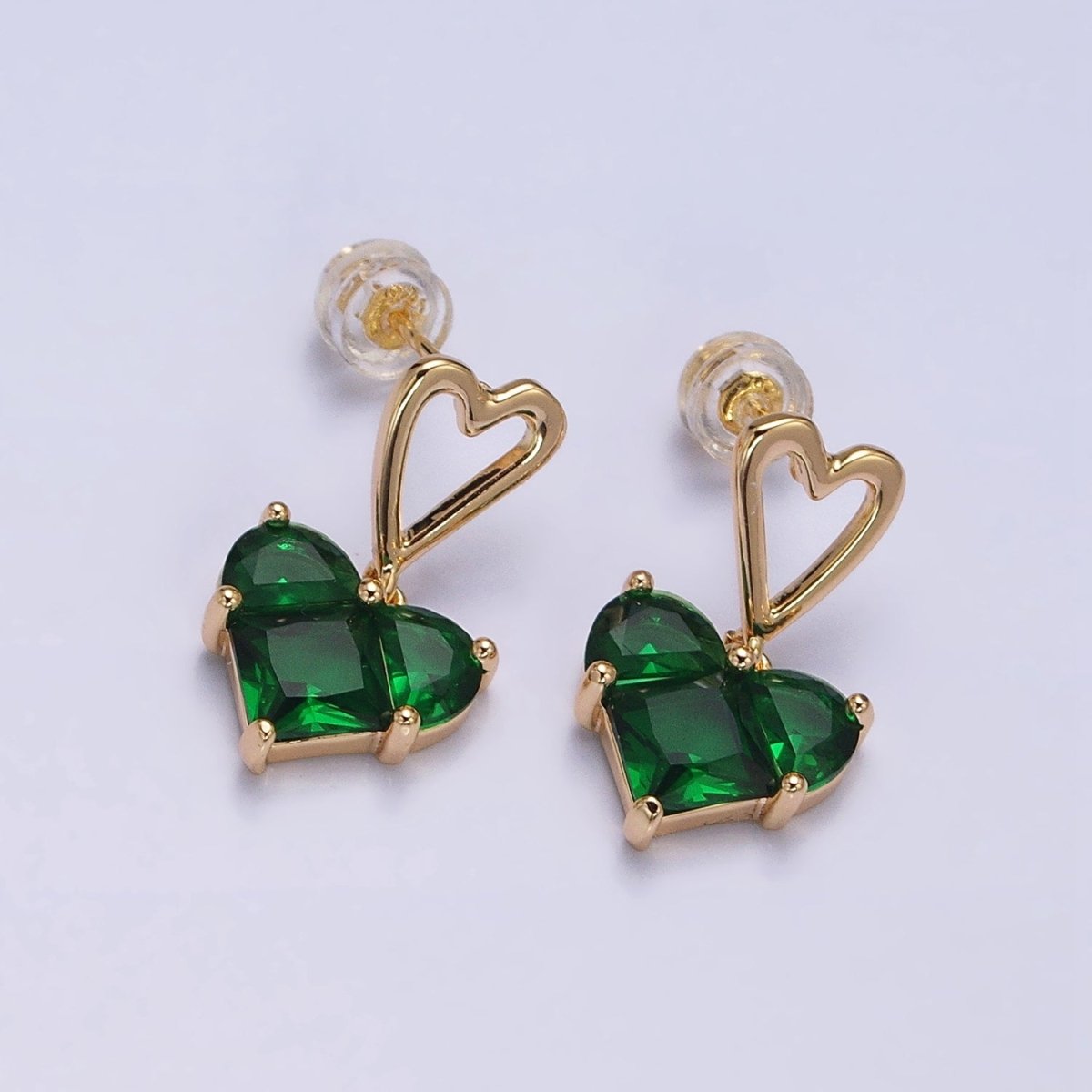 16K Gold Filled Clear, Green, Pink, Blue, Purple, Red CZ Pixel Heart Drop Stud Earrings in Gold & Silver | AD1492 - AD1503