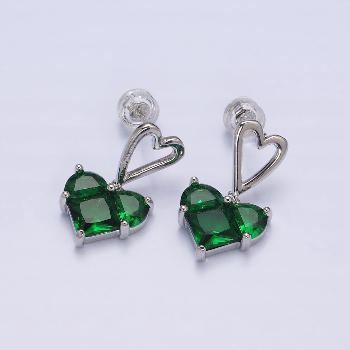 16K Gold Filled Clear, Green, Pink, Blue, Purple, Red CZ Pixel Heart Drop Stud Earrings in Gold & Silver | AD1492 - AD1503