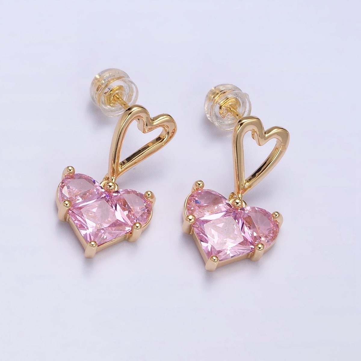 16K Gold Filled Clear, Green, Pink, Blue, Purple, Red CZ Pixel Heart Drop Stud Earrings in Gold & Silver | AD1492 - AD1503