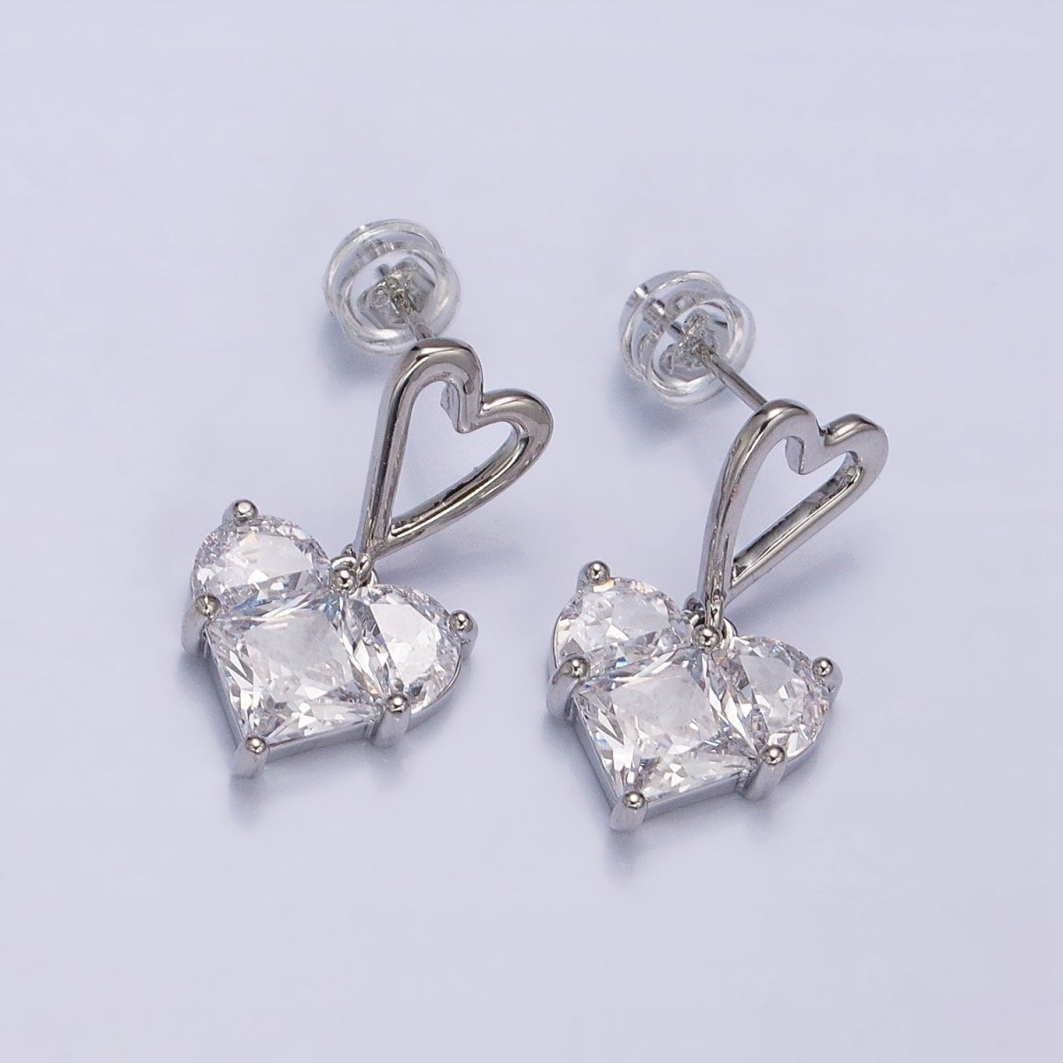 16K Gold Filled Clear, Green, Pink, Blue, Purple, Red CZ Pixel Heart Drop Stud Earrings in Gold & Silver | AD1492 - AD1503
