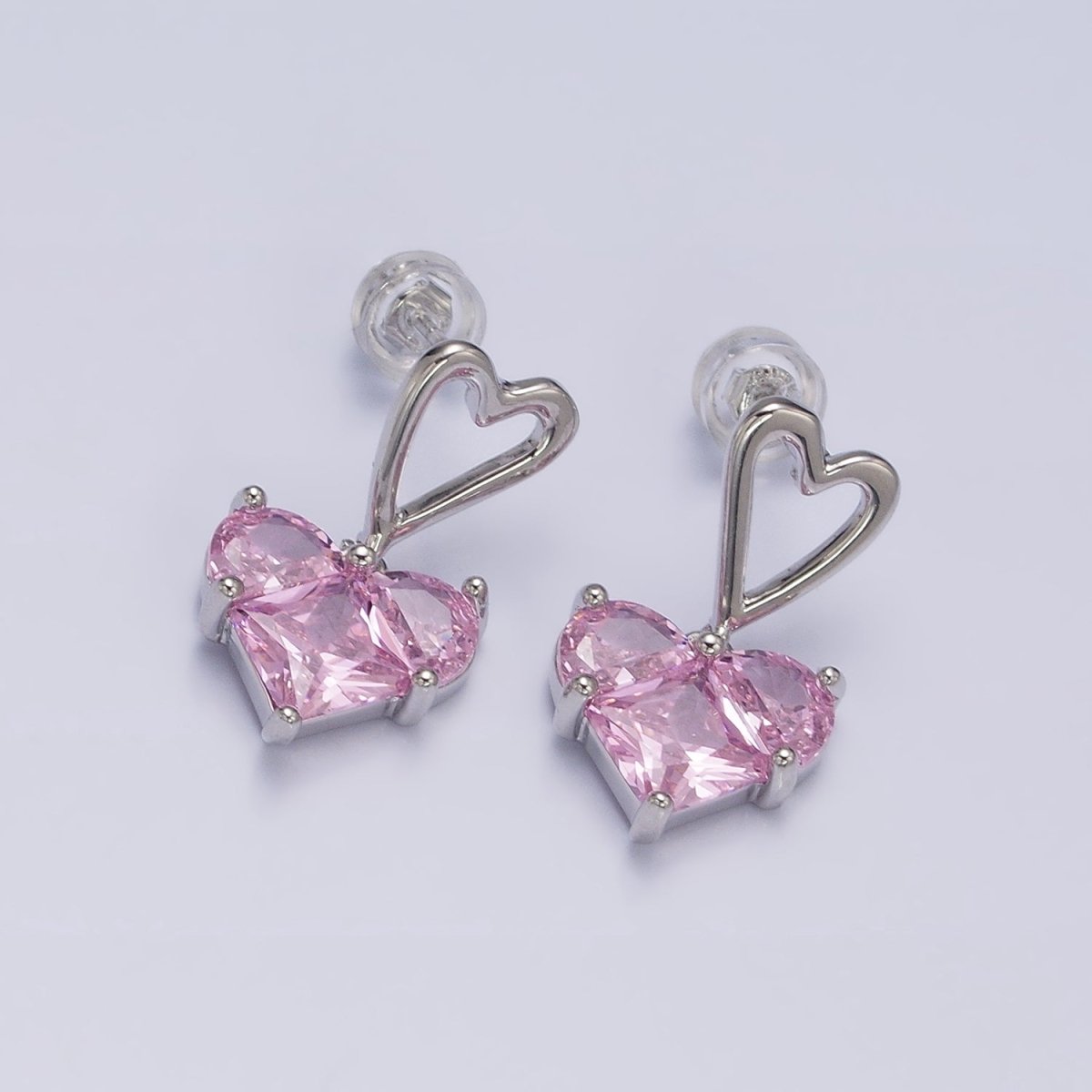 16K Gold Filled Clear, Green, Pink, Blue, Purple, Red CZ Pixel Heart Drop Stud Earrings in Gold & Silver | AD1492 - AD1503