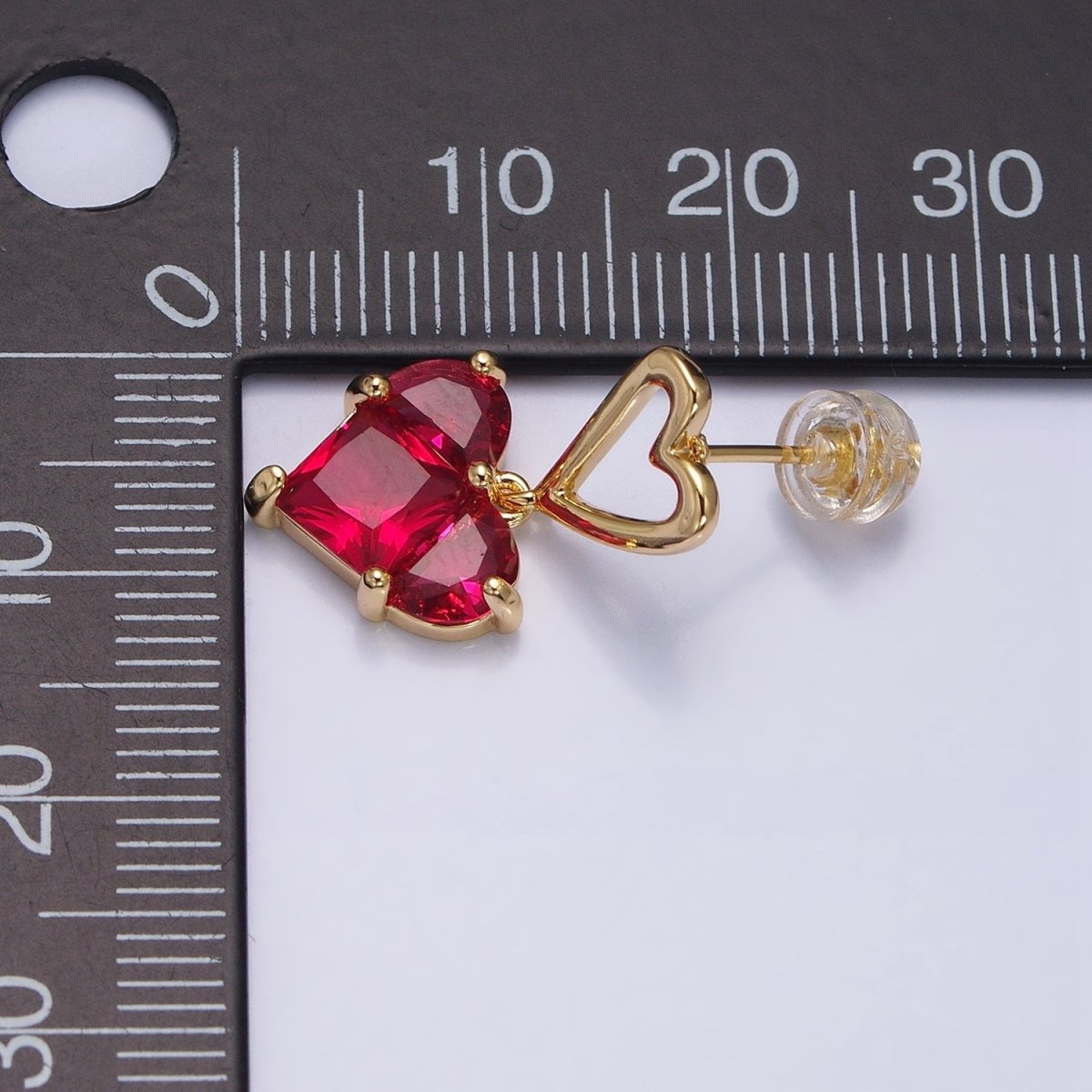 16K Gold Filled Clear, Green, Pink, Blue, Purple, Red CZ Pixel Heart Drop Stud Earrings in Gold & Silver | AD1492 - AD1503