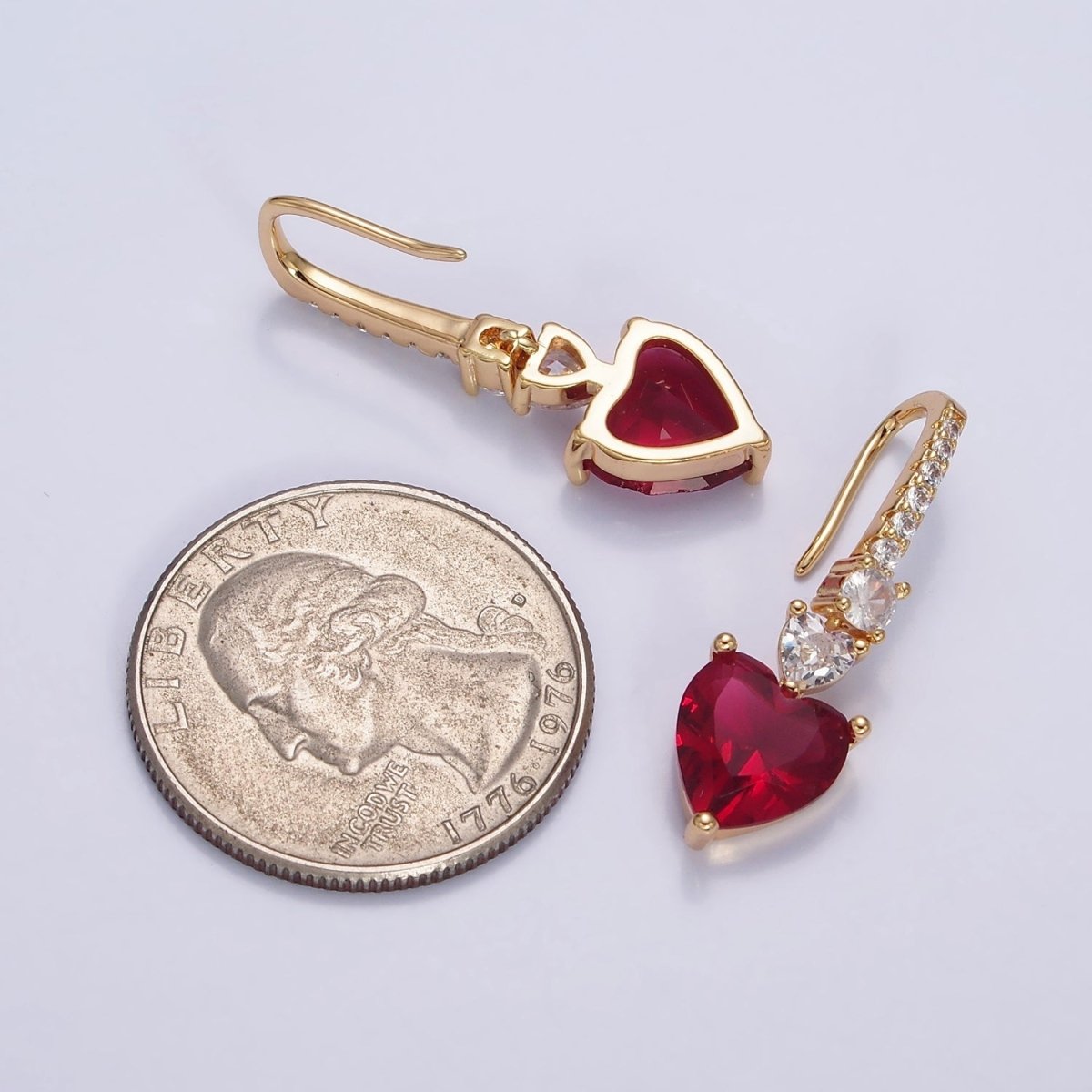 16K Gold Filled Clear, Green, Pink, Red, Blue, Purple CZ Heart Drop Micro Paved French Hook Earrings in Gold & Silver | AD1040 - AD1051