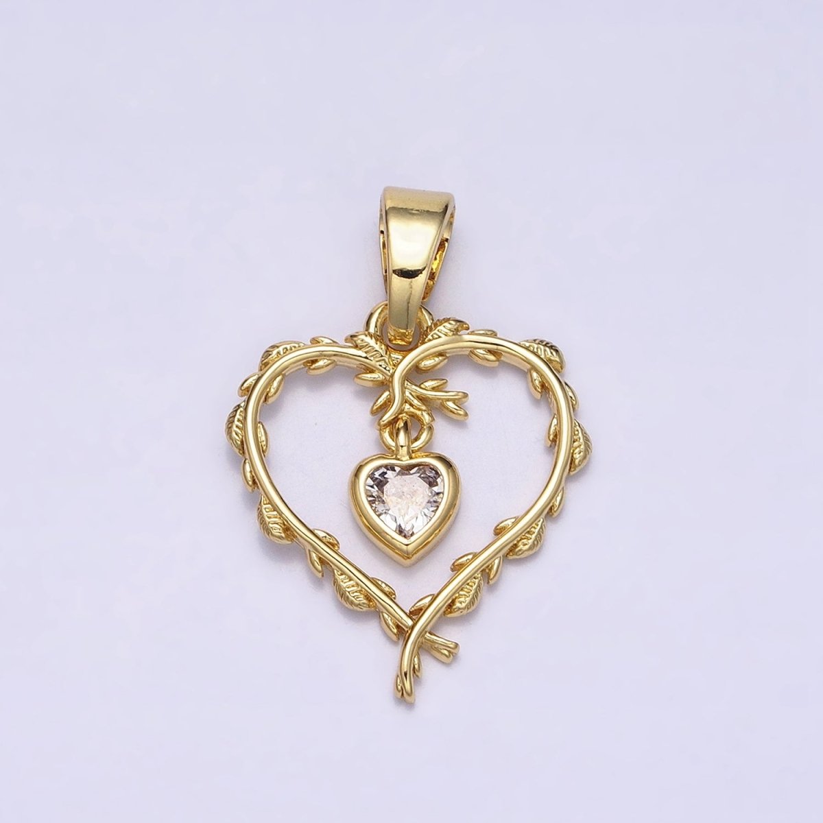 16K Gold Filled Clear Heart CZ Olive Vine Leaf Open Pendant | AC1326