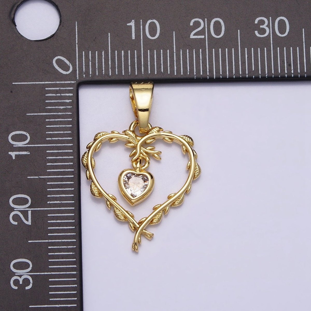 16K Gold Filled Clear Heart CZ Olive Vine Leaf Open Pendant | AC1326