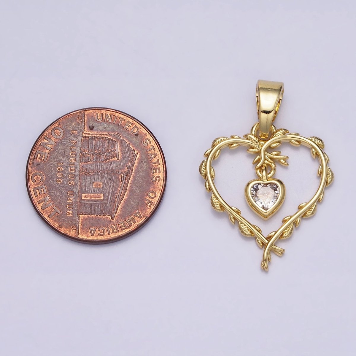 16K Gold Filled Clear Heart CZ Olive Vine Leaf Open Pendant | AC1326