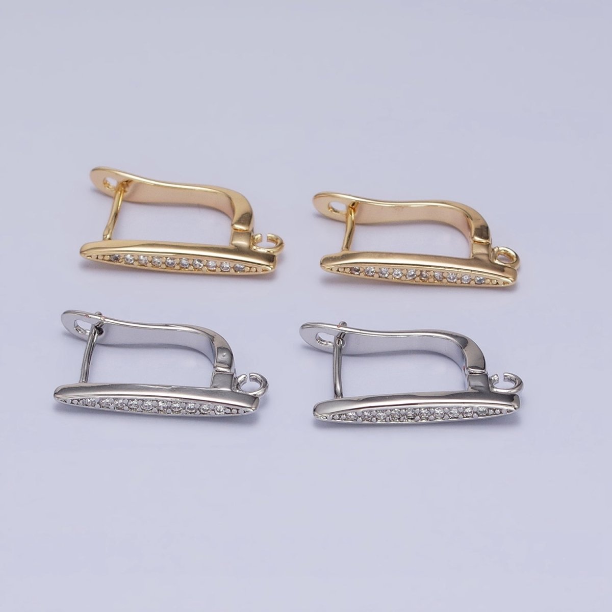 16K Gold Filled Clear Micro Paved CZ Bar Open Loop English Lock Earrings in Silver & Gold | Z-235 Z-236