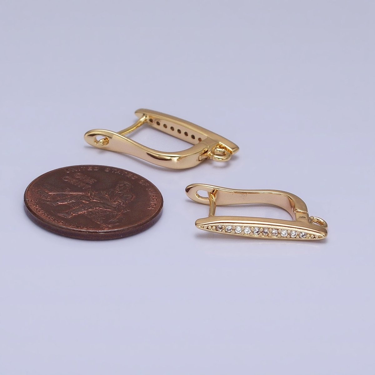 16K Gold Filled Clear Micro Paved CZ Bar Open Loop English Lock Earrings in Silver & Gold | Z-235 Z-236