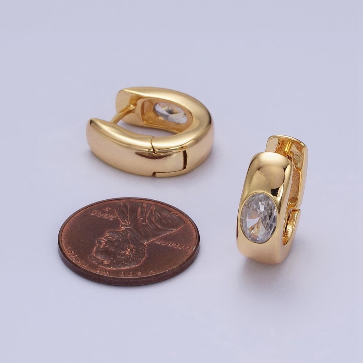 16K Gold Filled Clear Oval CZ 15mm Thick Huggie Earrings in Gold & Silver | AD891 AD892