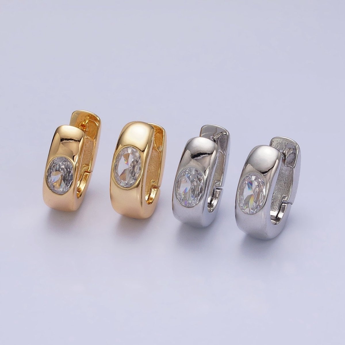 16K Gold Filled Clear Oval CZ 15mm Thick Huggie Earrings in Gold & Silver | AD891 AD892