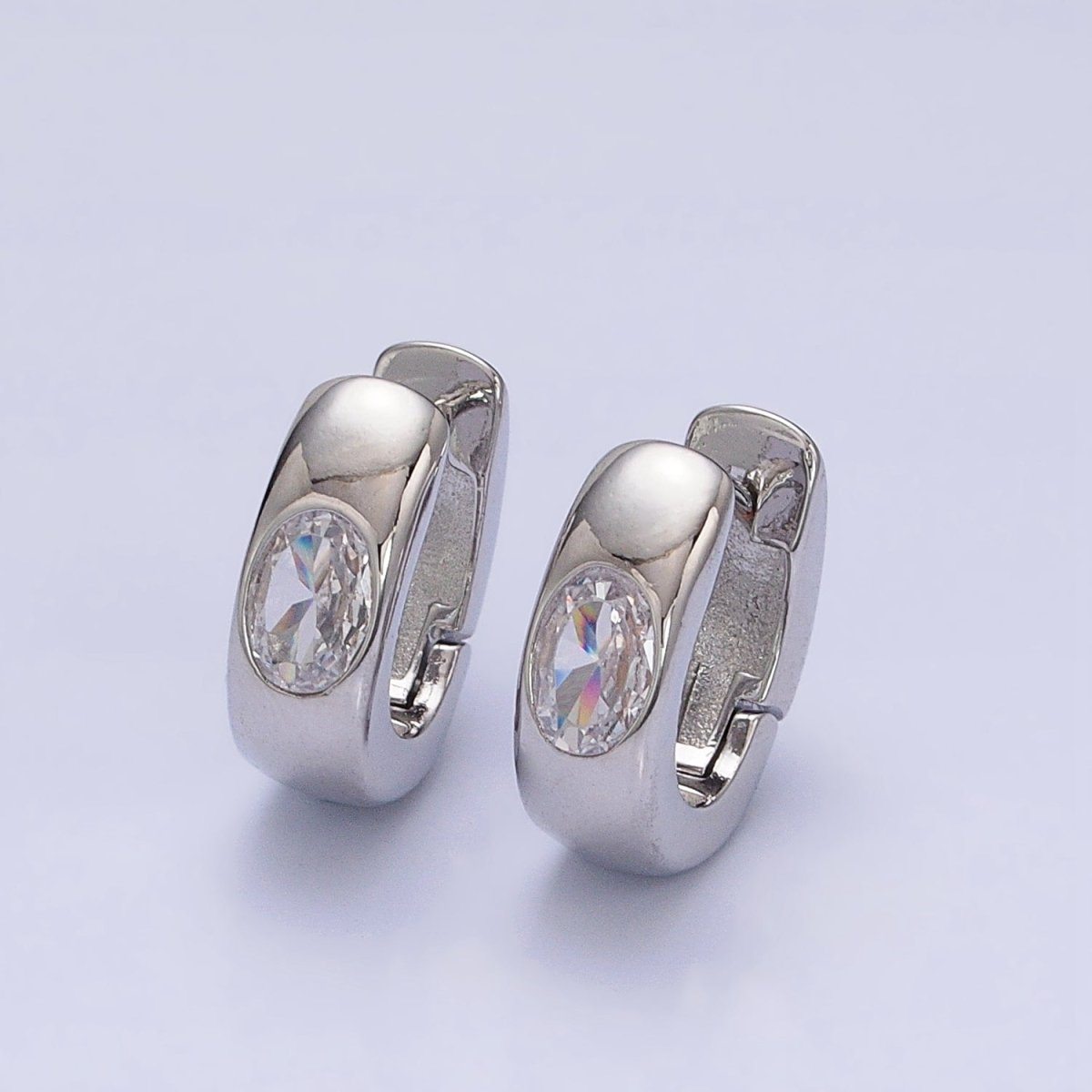 16K Gold Filled Clear Oval CZ 15mm Thick Huggie Earrings in Gold & Silver | AD891 AD892