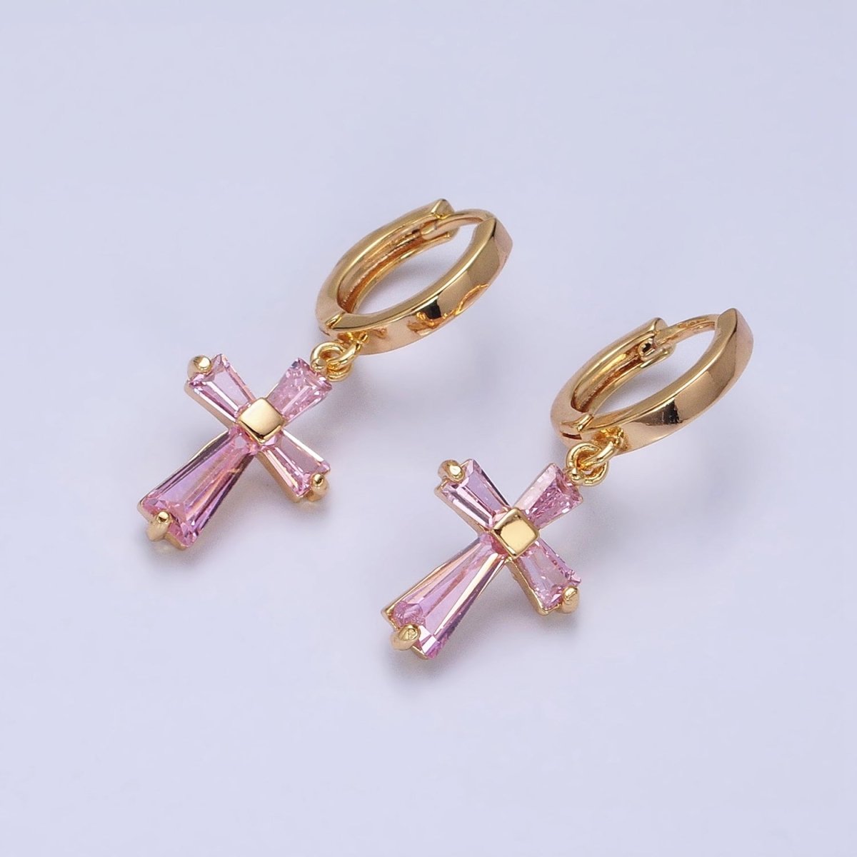 16K Gold Filled Clear, Pink CZ Baguette Religious Latin Cross Drop Huggie Earring in Gold & Silver | AD939 - AD942