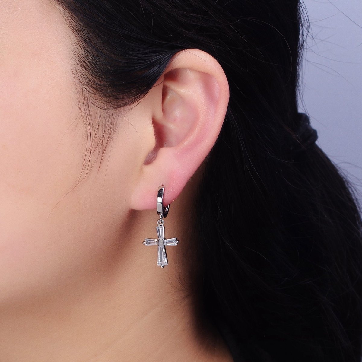 16K Gold Filled Clear, Pink CZ Baguette Religious Latin Cross Drop Huggie Earring in Gold & Silver | AD939 - AD942
