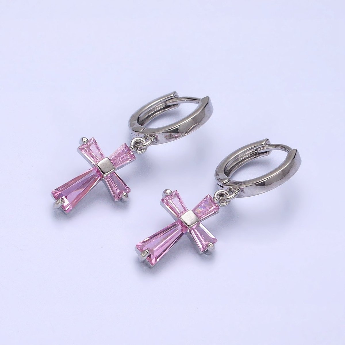 16K Gold Filled Clear, Pink CZ Baguette Religious Latin Cross Drop Huggie Earring in Gold & Silver | AD939 - AD942